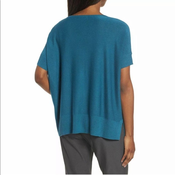 EILEEN FISHER Nile Blue Sleek Tencel Merino Wool Knit Boxy Sweater Top - Picture 2 of 9